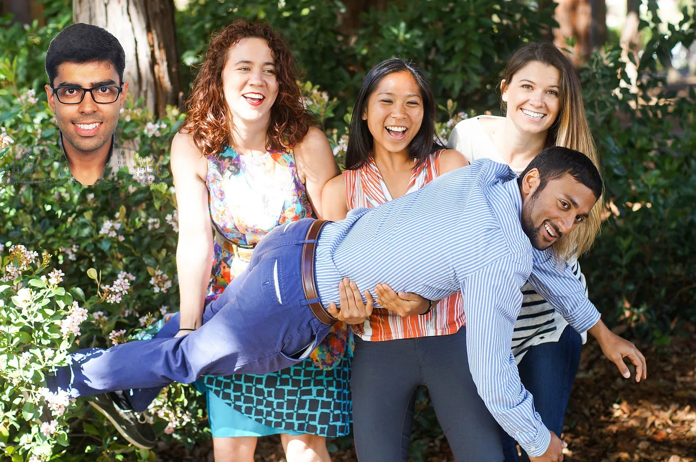 Noora Health co-founders Shahed Alam, Katy Ashe, Jessie Liu, and Edith Elliott — with our first hire (and current co-executive director), Anubhav Arora, floating.
