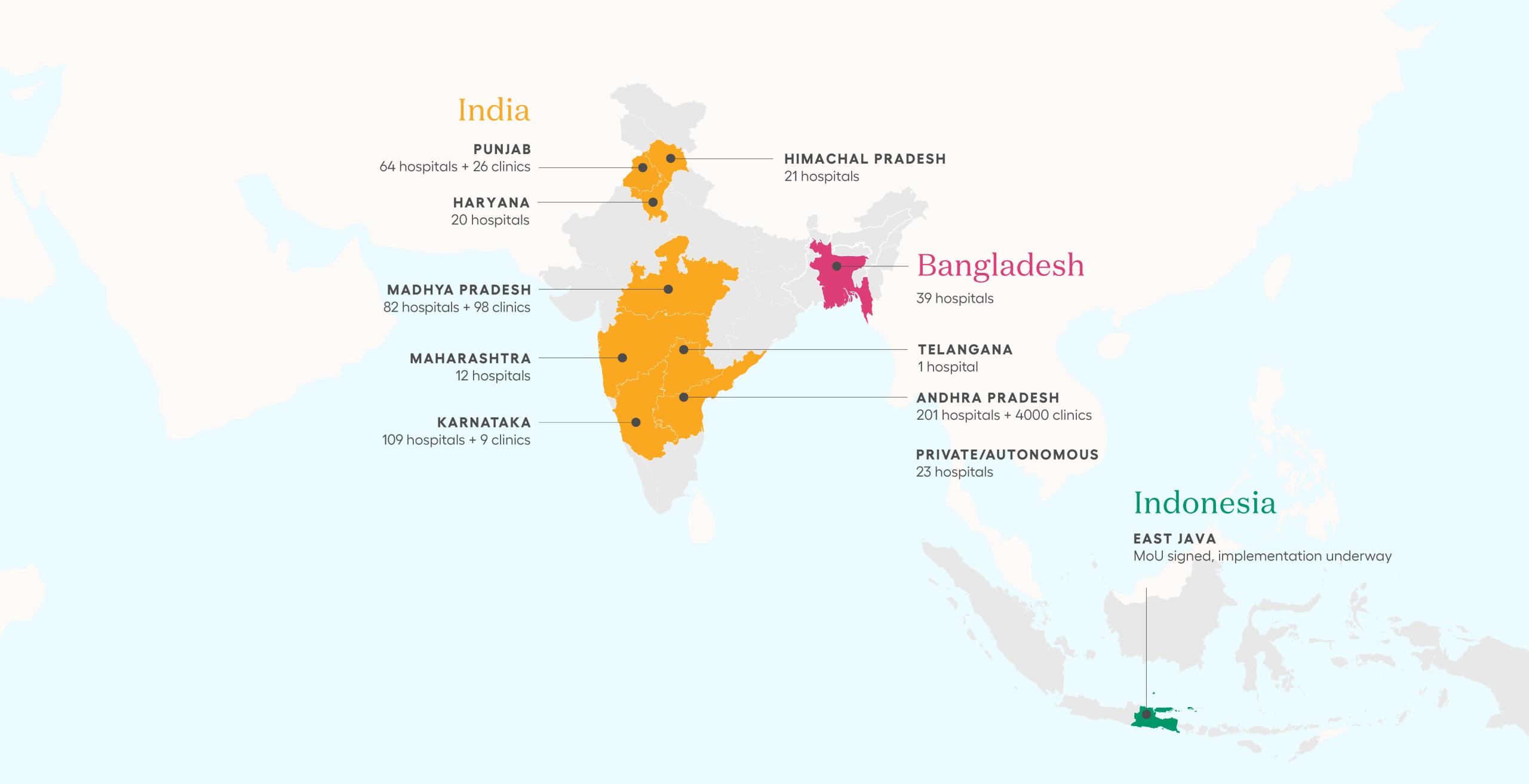 A map showing Noora Health's reach across India, Bangladesh, and Indonesia till Q2 2023