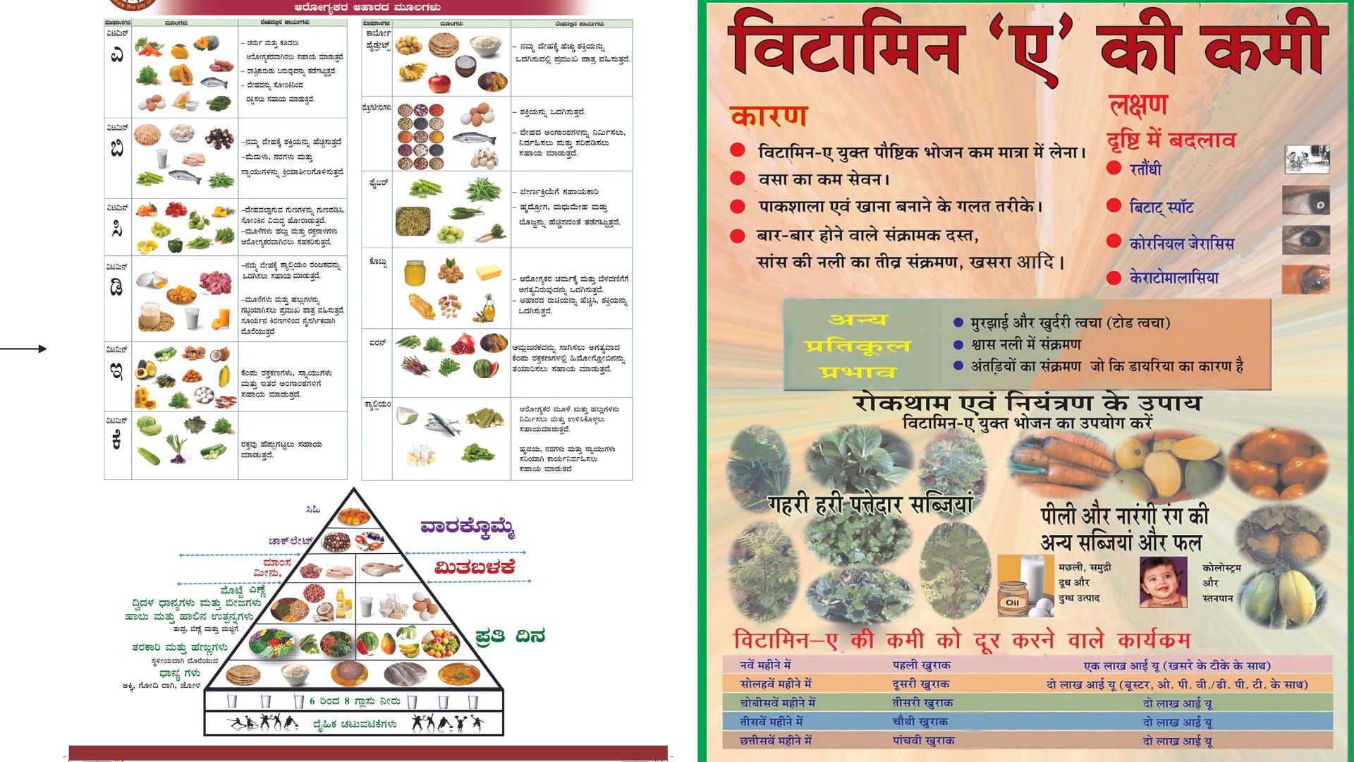 A panel of two nutrition posters showing complex nutrition guidance in kannada and hindi.