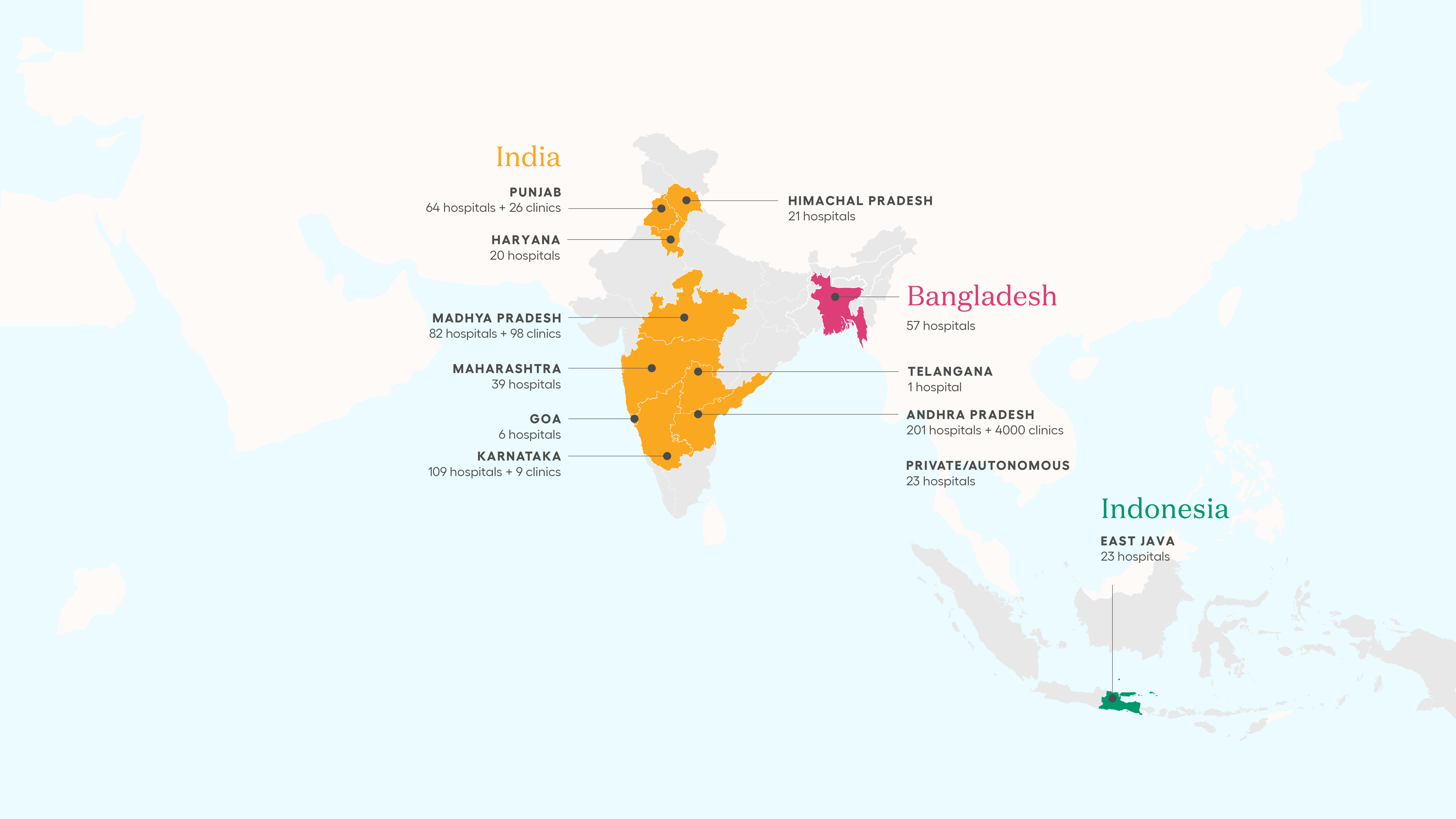 A map showing Noora Health's reach across India, Bangladesh, and Indonesia till Q3 2023