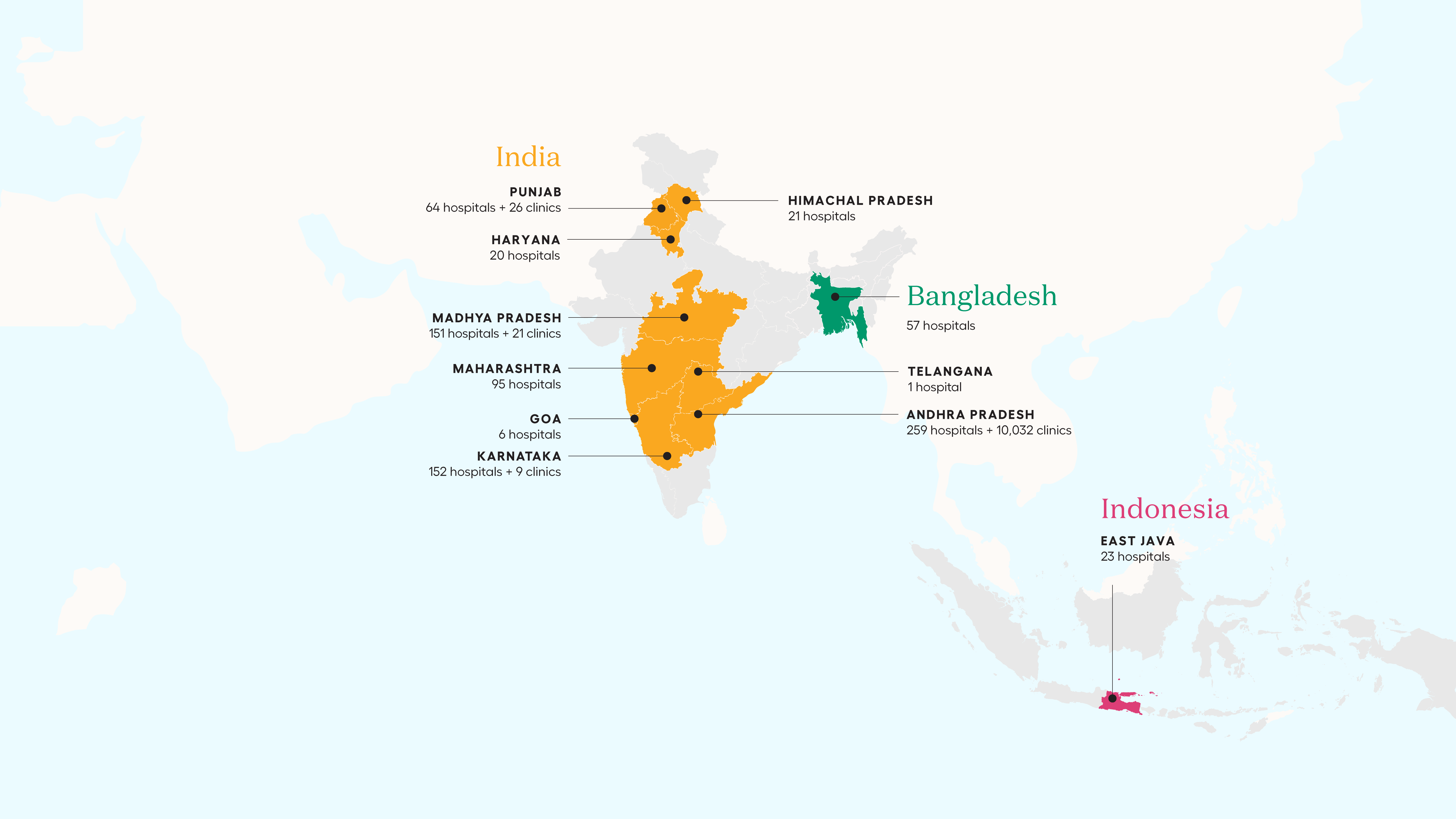 A map showing Noora Health's reach across India, Bangladesh, and Indonesia in 2023.