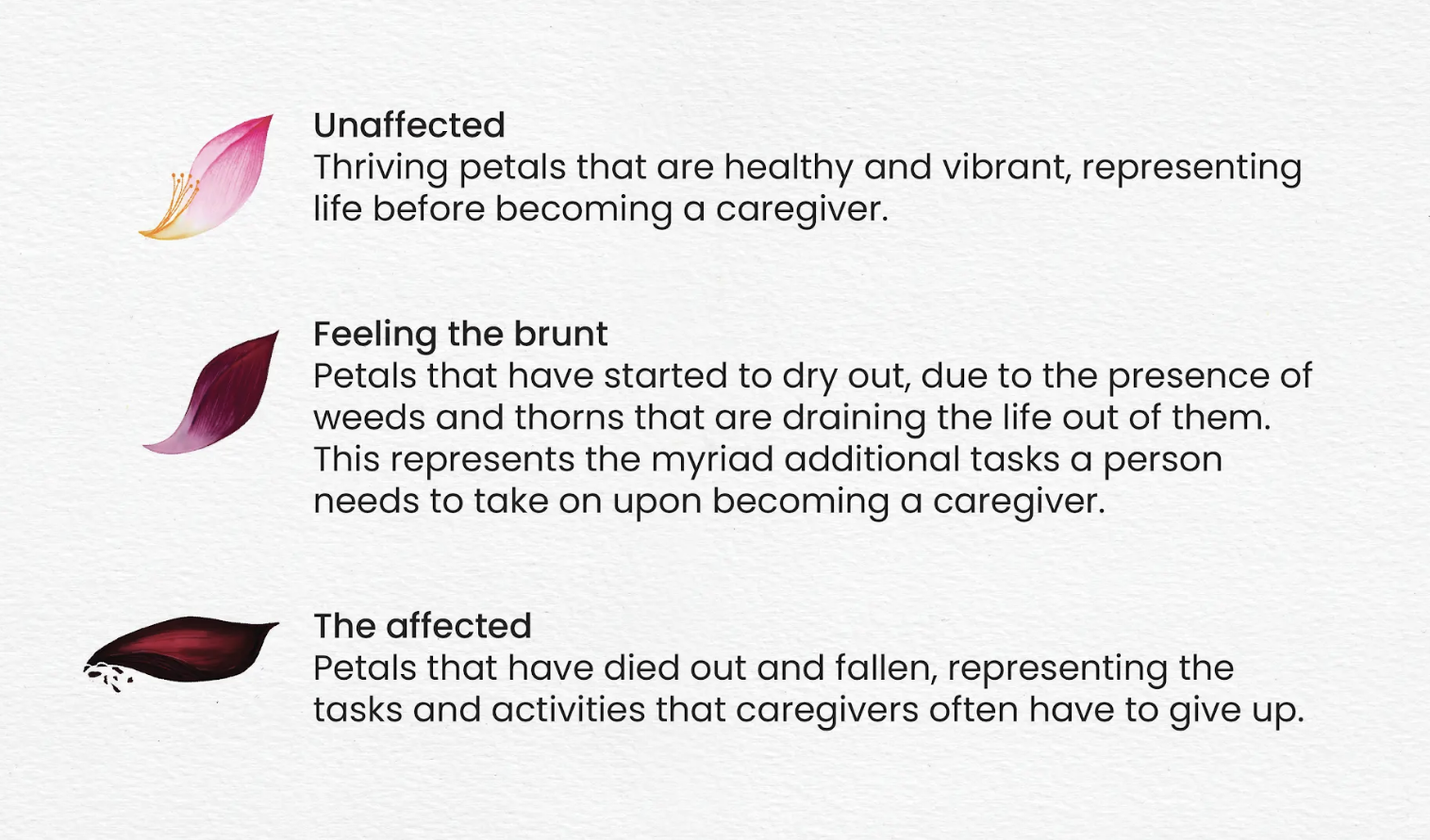 A legend showing flower petals at three different stages of their life, that is, when they're unaffected, feeling the brunt, and affected by caregiving.