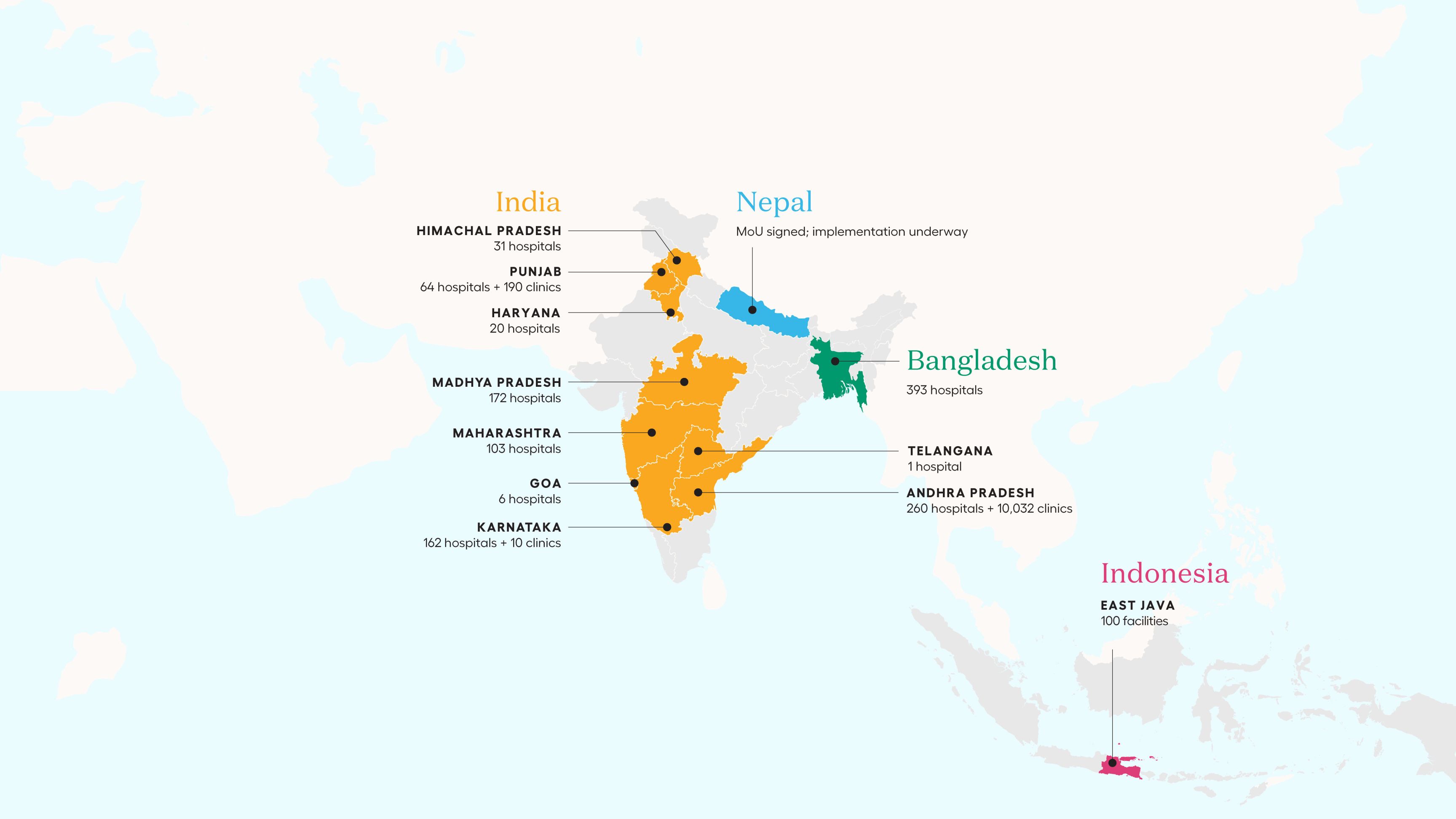 A map showing Noora Health's reach across India, Bangladesh, Indonesia, and Nepal in Q2 2024.