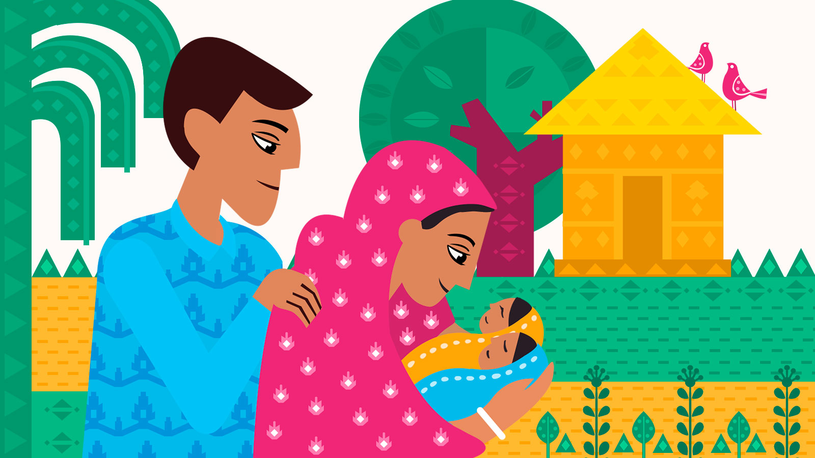 An illustration showing a mother and father holding their newborn twins.