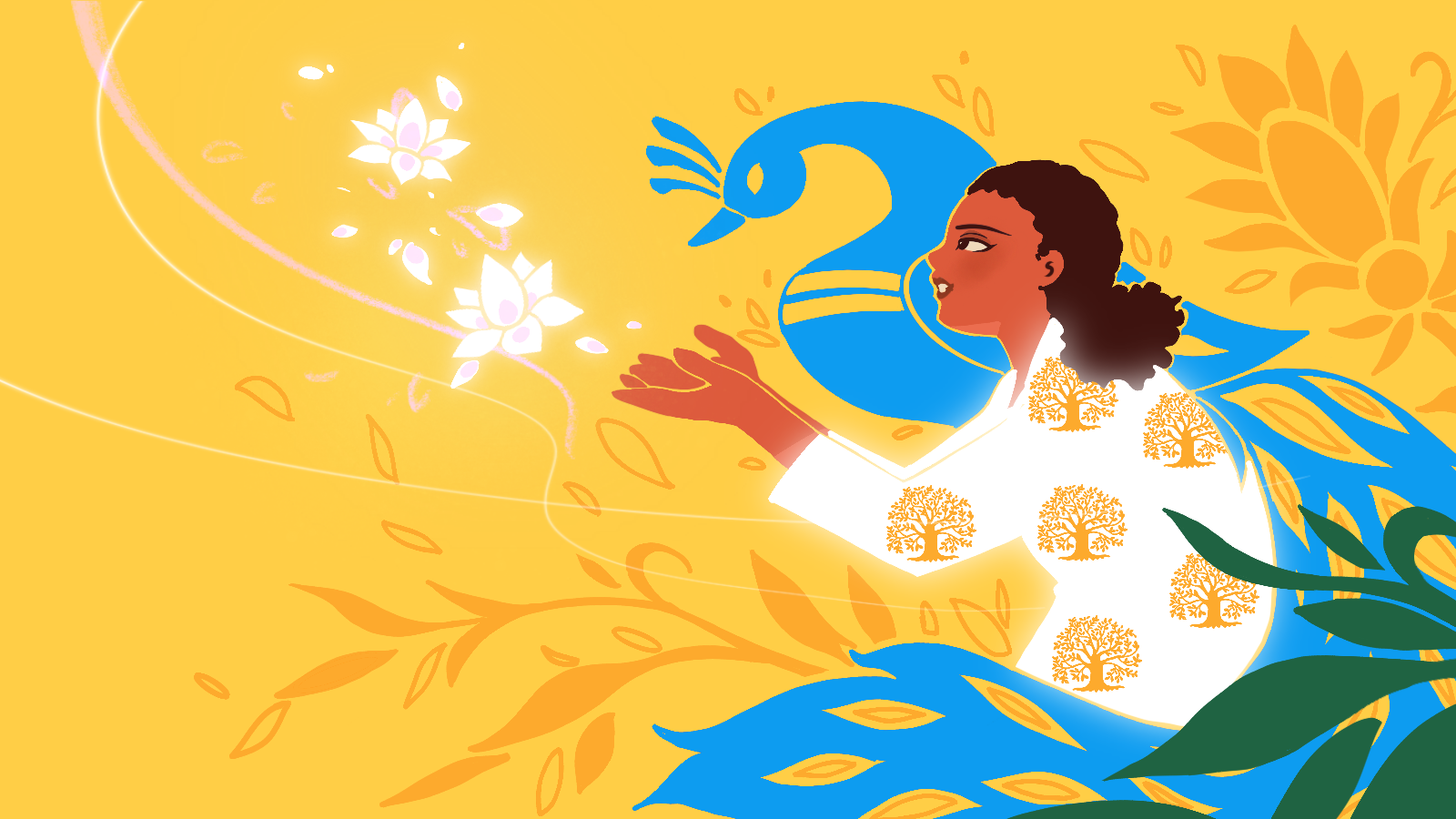 An illustration of Archana More enveloped by a peacock with lotus flowers coming from her hands, against a yellow background.