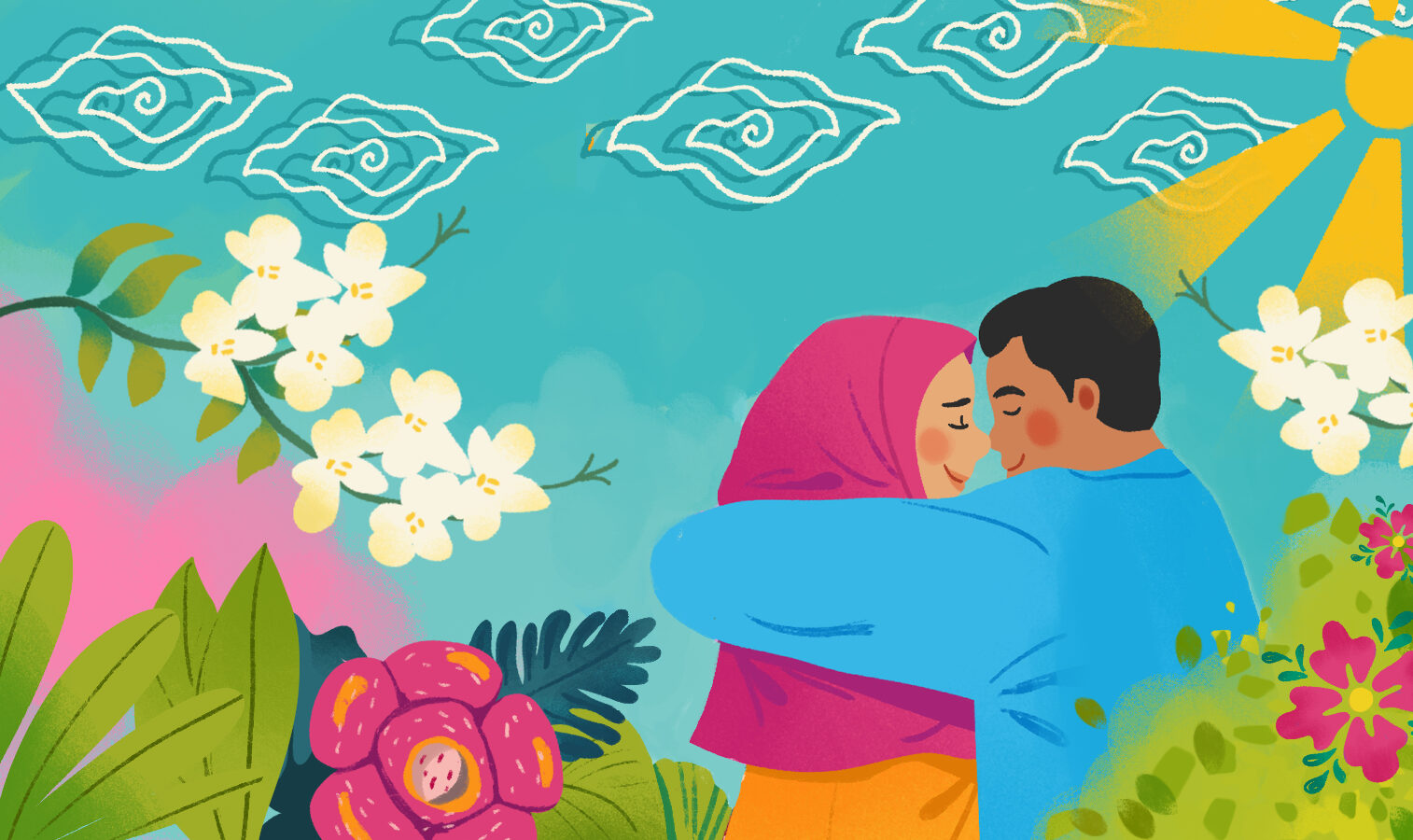 An illustration showing Nur Amin and Ida Royani hugging against the backdrop of a colourful field.