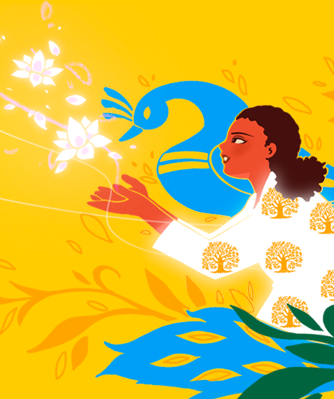 An illustration of Archana More enveloped by a peacock with lotus flowers coming from her hands, against a yellow background.