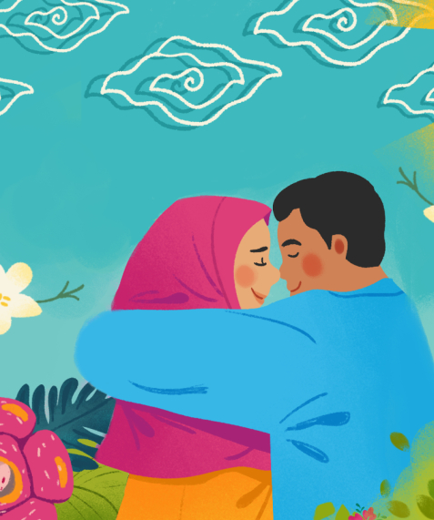 An illustration showing Nur Amin and Ida Royani hugging against the backdrop of a colourful field.