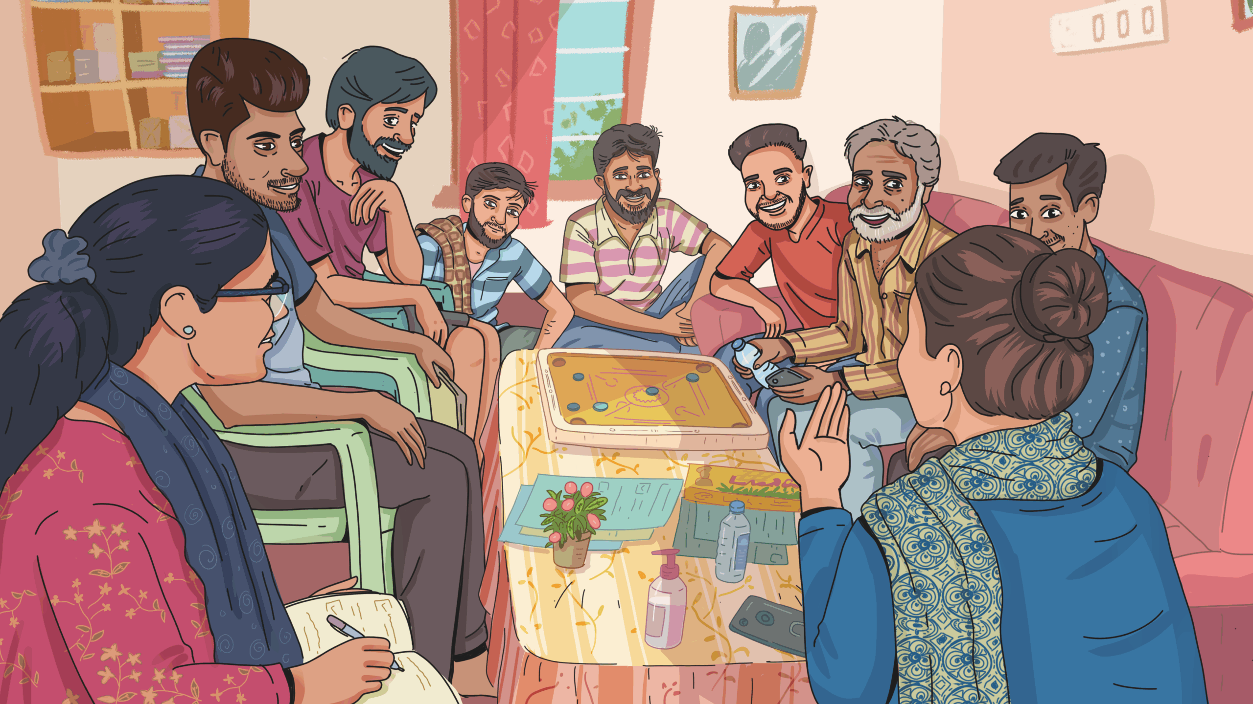 An illustration showing peer educators sharing their thoughts and experiences during a prototype activity designed to spark open conversations and challenge myths and misconceptions around HIV/AIDS.