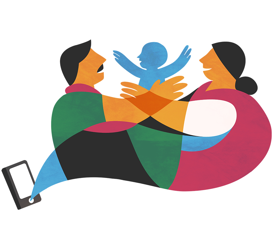 An abstract illustration in Noora Health colors showing a mother and father holding their baby, connected by a phone.